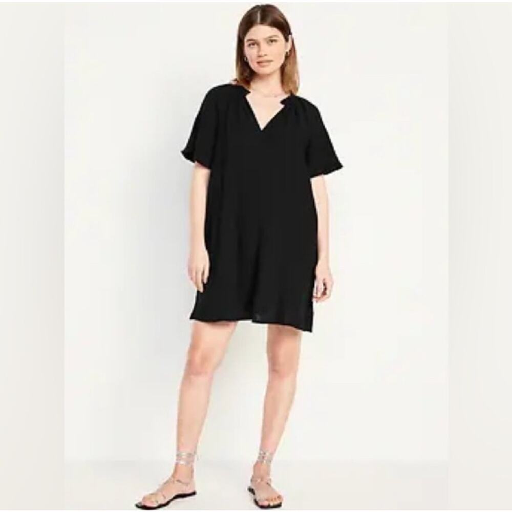Old Navy Women's 100% Cotton Black Crinkle Gauze Beachy Pockets Mini Dress Sz XS